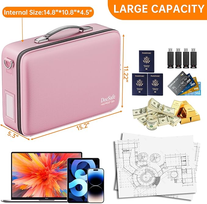DocSafe Fireproof Document Box with Lock, Hard Case File Organizer with Accordion File Folder, Fireproof Water Resistant Safe Box Home Office Travel Storage for Important Documents Laptop Pink - Image 5