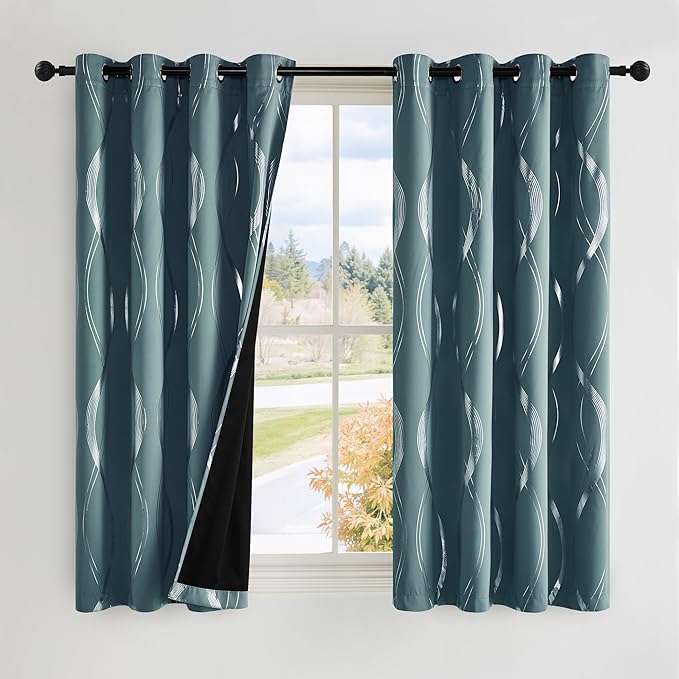 NICETOWN 100% Blackout Curtains Panels for Living Room, Greyish Blue, 52" Wide x 63" Long, 2 Panels, Sound Reducing Thermal Insulated Wave Line Foil Print Design Curtains for Patio Sliding Glass Door by NICETOWN