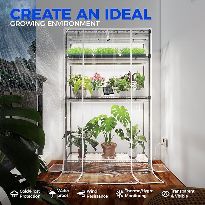 Barrina CX5Z Indoor Greenhouse with Grow Light, 6PCS 30W per Light Full Spectrum T8 Plant Lights, 4-Tier Portable Metal Plant Stand Tent and Thermometer for Seed Starting, 35.4x13.8x59IN - Image 5