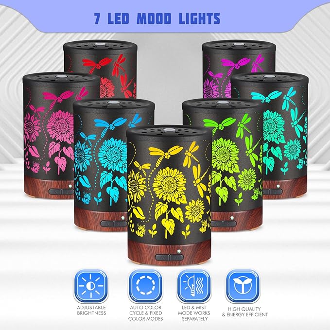 Essential Oils Diffuser,Christmas Aromatherapy Diffuser,Birthday Gifts for Women Mom Grandma,Metal Cool Mist Humidifier with 7 Colors Lights Waterless Auto Off Air Diffusers (Sunflower) - Image 2