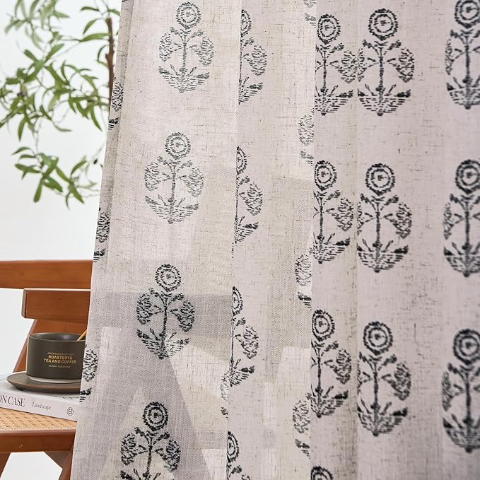 jinchan Linen Floral Curtains for Living Room 63 Inch Length Black Flower Cottage Core Farmhouse Curtains Rod Pocket Back Tab Boho Semi Sheer Window Drapes Bedroom Set 2 Panels Black on Beige - Image 3