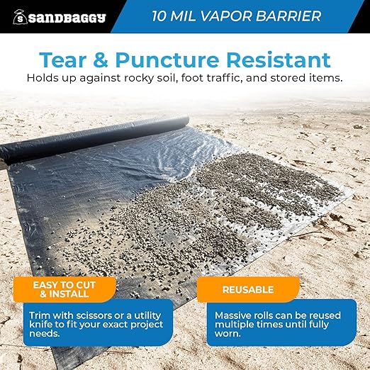Sandbaggy 20 ft x 100 ft Vapor Barrier 10 Mil | Polyethylene | Black Plastic Sheeting Rolls | Moisture Barrier for Crawl Spaces, Concrete and Laminate Underlayment, Walls (25 Rolls) - Image 6