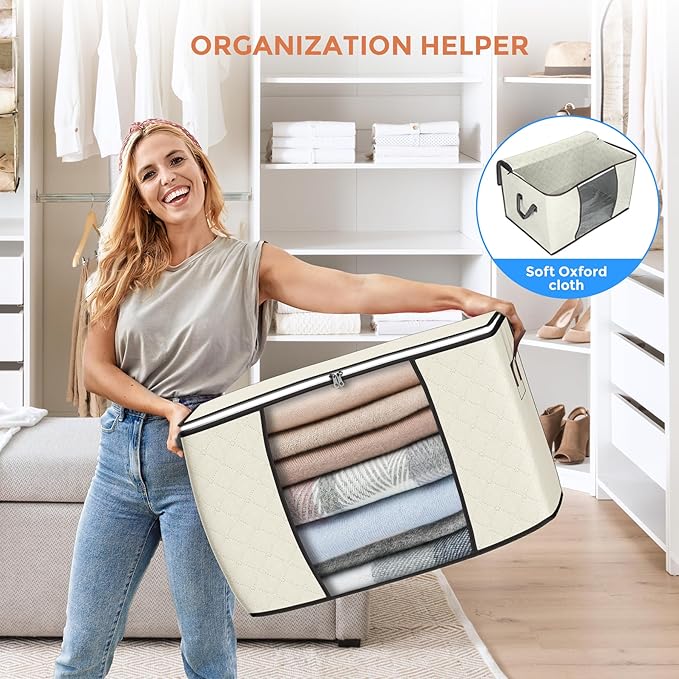 90 L Large Storage Bags, 6 Pack Clothes Storage Bins Foldable Closet Organizers Storage Containers with Reinforced Handle for Clothing, Blanket, Comforters, Bed Sheets, Pillows and Toys (Beige) - Image 6