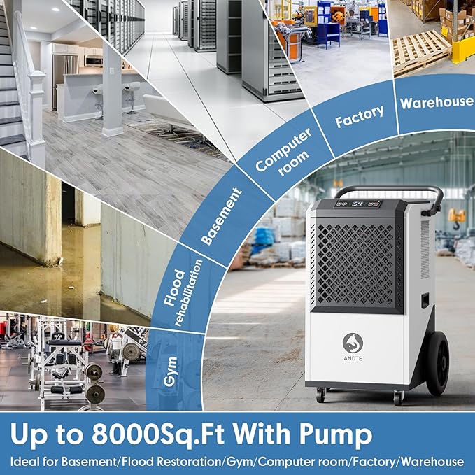 250 Pint Commercial Dehumidifier with Pump 8000sqft Industrial Basements Heavy Duty Commercial-grade Portable Dehumidifiers for Large Spaces,Warehouse Grow Room, Water Damage Restoration - Image 5