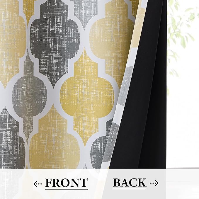 Beauoop 100% Blackout Curtains 108 Inches Long 2 Panels for Bedroom Living Room Yellow Grey Moroccan Geo Room Darkening Thermal Insulated Soundproof Grommet Top Window Treatments Drapes, 50x108x2 - Image 3