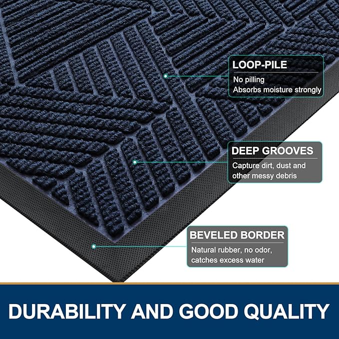 Smiry Front Door Mat Outside Entrance, Heavy Duty Sturdy Natural Rubber Doormat, Trap Dirt and Moisture, Easy Clean Low Profile Mats for Indoor Outdoor Entry, Irregular Triangle (59x20, Navy Blue) - Image 4
