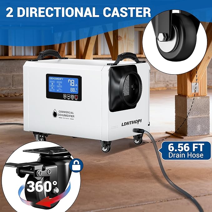 LDHTHOPI 145 Pint Commercial Dehumidifier with Drain Hose for Crawl Spaces Basements Industry Water Damage Unit Restoration, Up to 6000 Sq.Ft, Auto Defrost, Memory Starting(Gift Directional Wheels) - Image 5