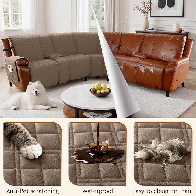 Arfntevss Waterproof Recliner Sectional Couch Covers for Reclining L Shape Sofa Cover Non Slip Washable L Shaped Slipcover Sets for Dog Furniture Protector (5 Seat with 2 Console Cover, Light Brown) - Image 6