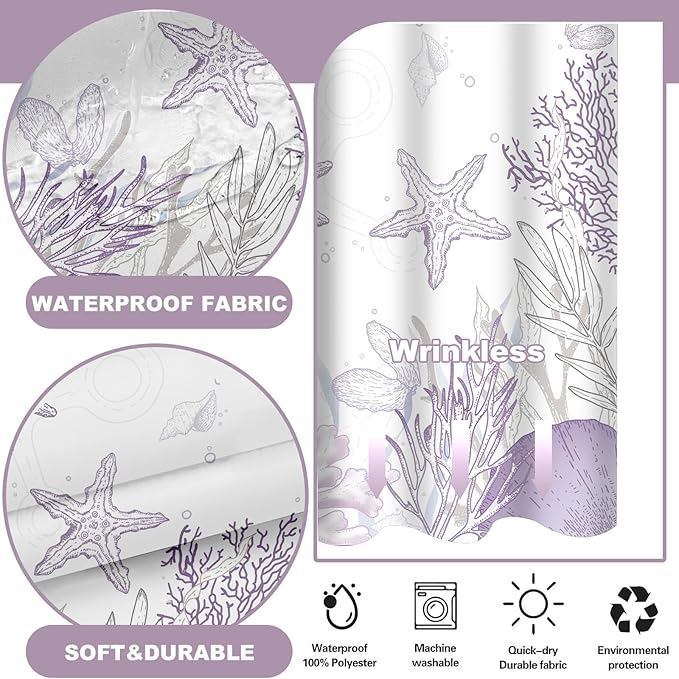 No Hook Shower Curtain with Snap in Liner, Beach Ocean Nautical Coastal Shower Curtains and Liner Set for Bathroom, Seashell Hotel Fabric Bath Curtain, Waterproof Washable, Purple 71" x 74" - Image 3