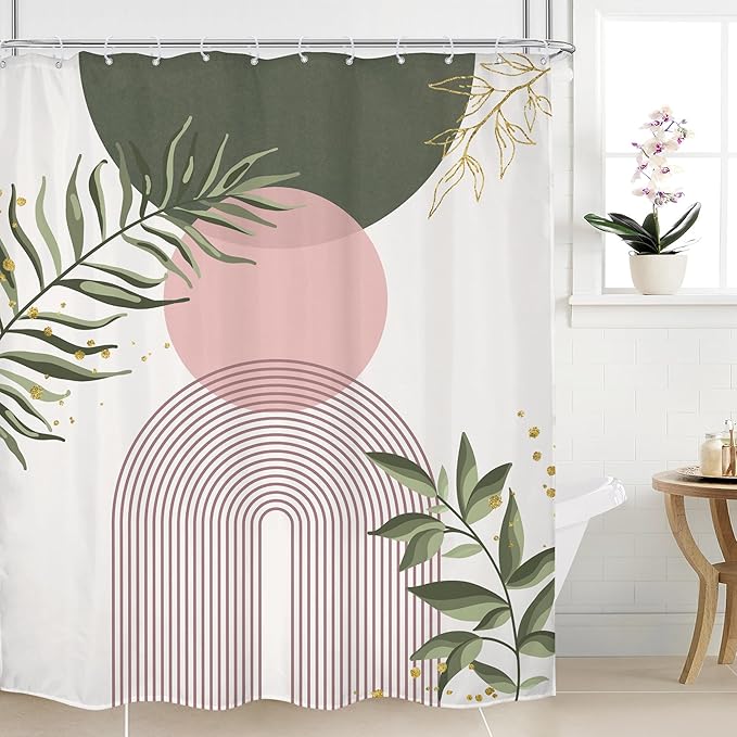 Pink Sage Green Boho Shower Curtain 60Wx72H Mid Century Modern Abstract Gold Leaves Plant Sun Bathroom Decor Minimalist Geometric Arch Line Aesthetic Bath Curtain Fabric Polyester 12 Pack Hooks by MitpokBrand