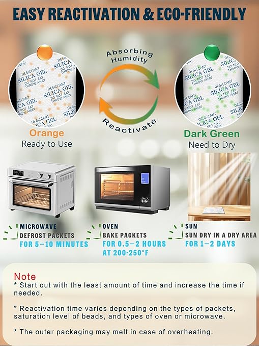2 Gram (100 Pack) Color-Indicating Silica Gel Packets, Premium Food Grade Desiccant - Rechargeable Moisture Absorbers for Food Storage, Electronics, 3D Filament & Safes - Image 2