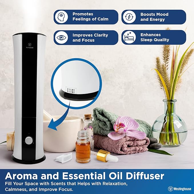 Westinghouse 28-inch Cool Mist Ultrasonic Tower Humidifier, 6L Top Fill Air Humidifier with Essential Oil Diffuser, Adjustable Mist Volume for Large Bedrooms - Image 6