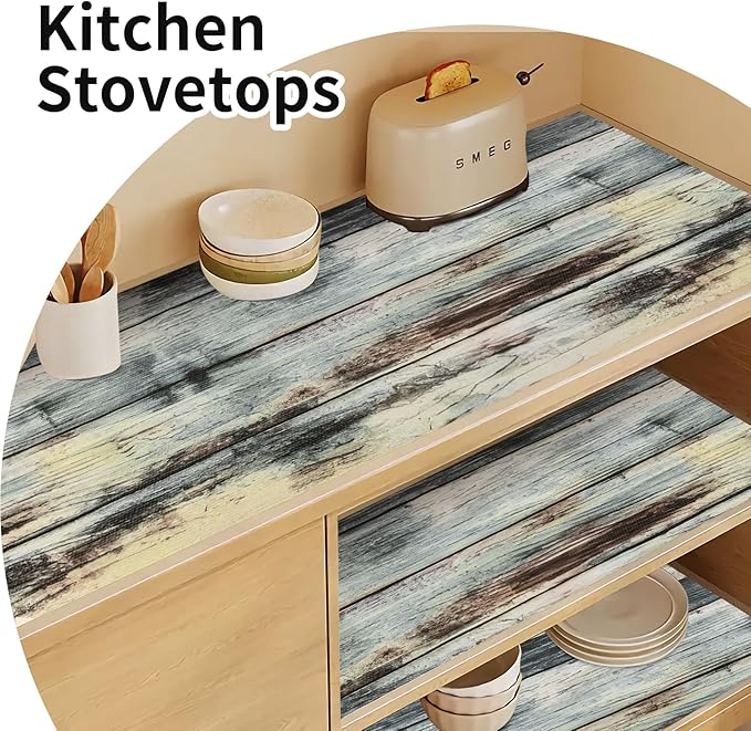 Shelf Liners for Kitchen Cabinets Non Adhesive Drawer Liner 12in x 20FT Blue Shiplap Quatrefoil Thickened Shelf Liner Strong Non-Slip Easy to Clean Tool Box Refrigerator with Knife and Tape Measure - Image 3