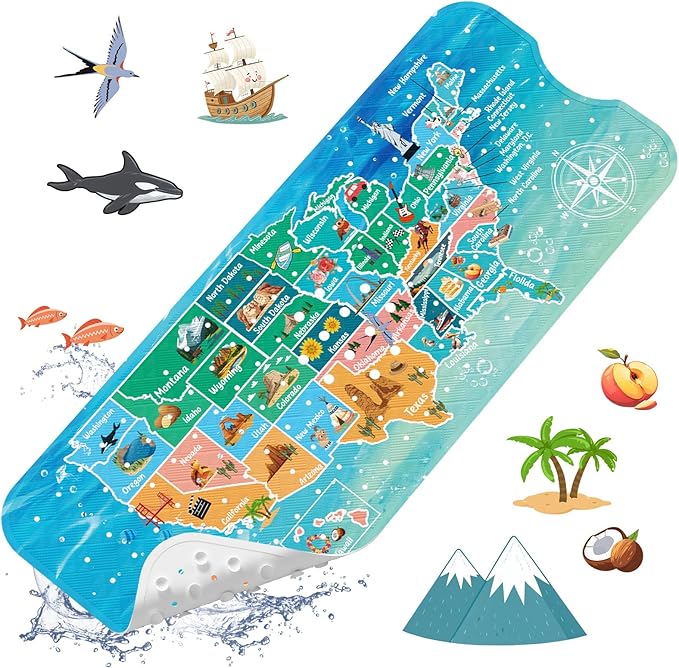 XIYUNTE Baby Bath Mat for Tub Non Slip Kids Bath Mat - 40''x16'' Extra Long Cartoon Bathtub Mat Non Slip Kids Shower Mat Eco-Friendly Toddler Bath Mats with Suction Cups, Machine Washable, Map by XIYUNTE
