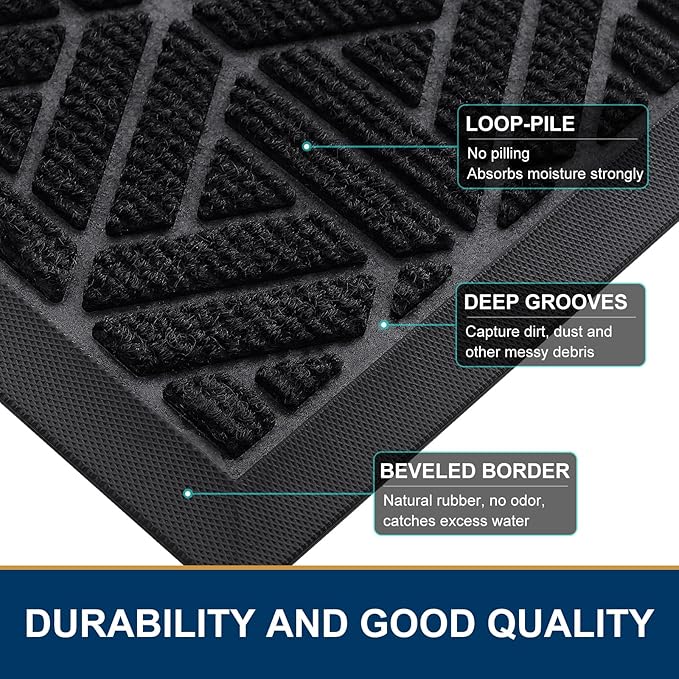Smiry Front Door Mat Outside Entrance, Heavy Duty Sturdy Natural Rubber Doormat, Trap Dirt and Moisture, Easy Clean Low Profile Mats for Indoor Outdoor Entry, Grid Geometric (47x23, Black) - Image 4