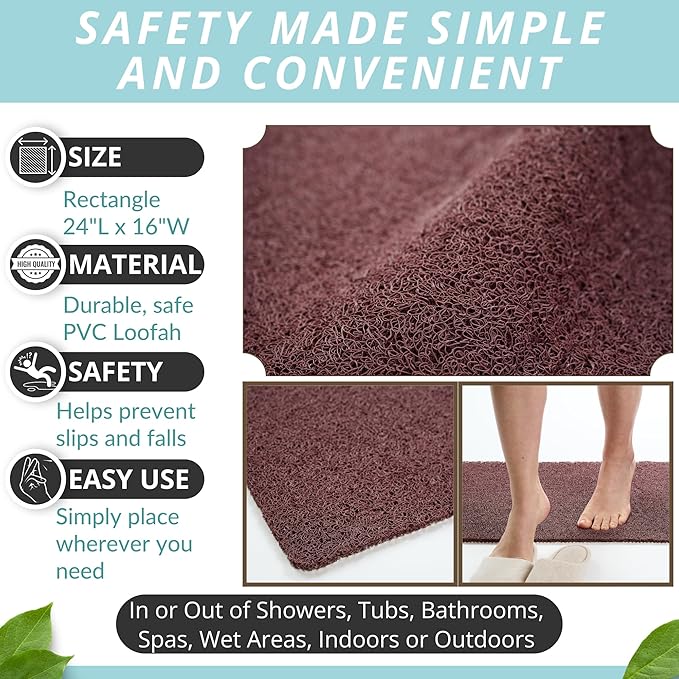 ENKOSI Loofah Non-Slip Shower Mat & Bath Mat – Soft Cushioned Comfort – No Suction Cups for Textured Tubs – Fast Draining Safety for Inside Shower, Family & Elderly (24x16 Brown) - Image 3