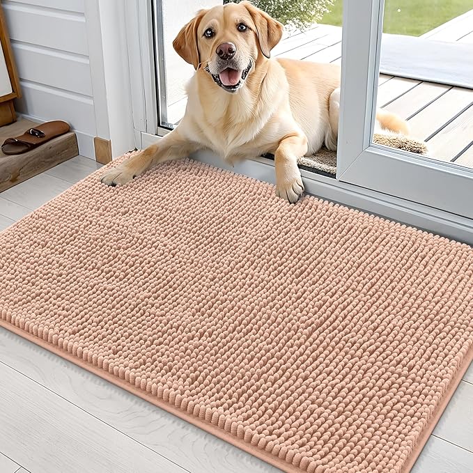 OLANLY Dog Door Mat for Muddy Paws 36x24, Absorbs Moisture and Dirt, Absorbent Non-Slip Washable Doormat, Quick Dry Chenille Mud Mat for Dogs, Entry Indoor Entryway Carpet for Inside Floor, Peach by OLANLY