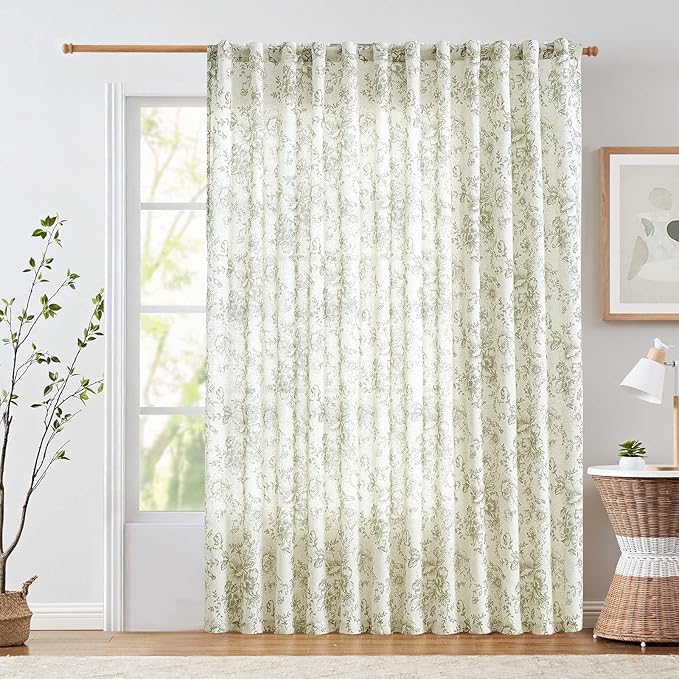 jinchan Linen Floral Curtains 100 Inch Extra Wide for Patio Sliding Glass Door Room Divider Curtain for Living Room 90 Inch Length Farmhouse Peony Green Printed Curtain Set 1 Panel by JINCHAN