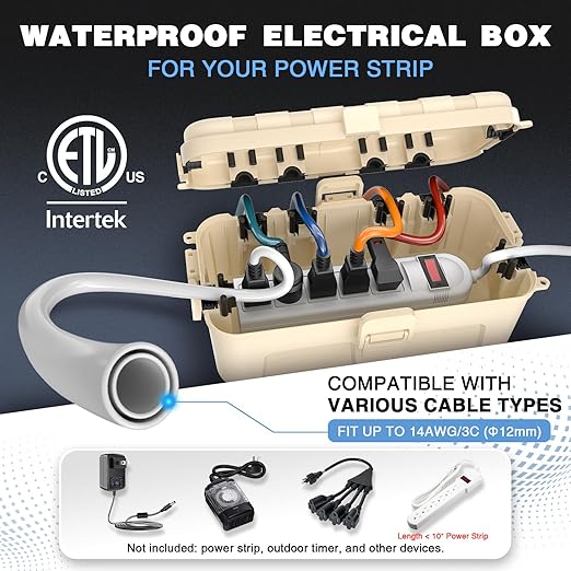 Flemoon [2 Pack] Outdoor Electrical Box Waterproof, Medium Weatherproof Electrical Box (11.5x5.2x4 inch) w/6 Cable Entry Ports, Extension Cord Cover for Power Strip, Timer, Holiday Light, Almond - Image 2