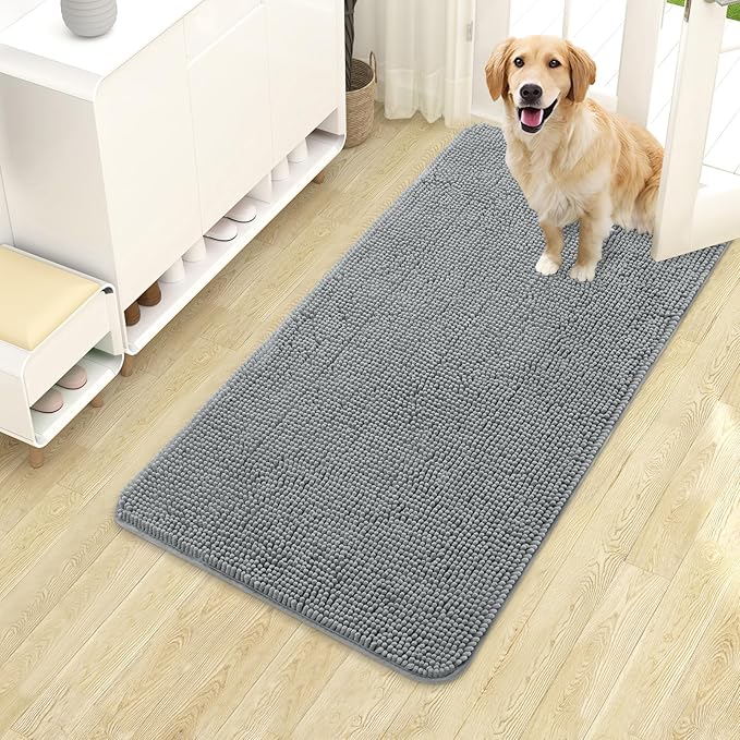 OLANLY Dog Door Mat for Muddy Paws 40x24, Absorbs Moisture and Dirt, Absorbent Non-Slip Washable Doormat, Quick Dry Chenille Mud Mat for Dogs, Entry Indoor Entryway Carpet for Inside Floor, Grey by OLANLY