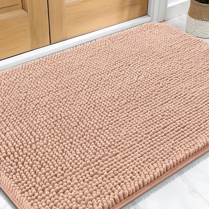 OLANLY Dog Door Mat for Muddy Paws 34x21, Absorbs Moisture and Dirt, Absorbent Non-Slip Washable Doormat, Quick Dry Chenille Mud Mat for Dogs, Entry Indoor Entryway Carpet for Inside Floor, Peach by OLANLY