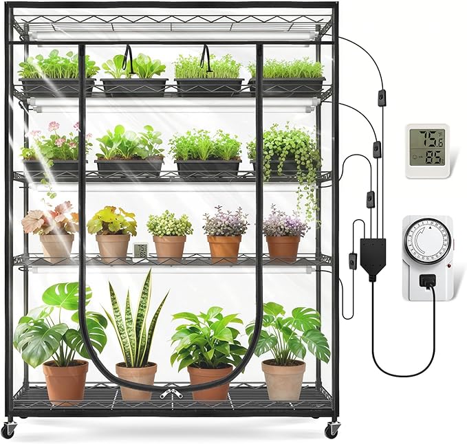 JESLED Indoor Greenhouse with Grow Light, 4FT Full Spectrum 5000K LED Light for Seed Starting, Tiered Lighting Control, Built-in Timer & Thermo-Hygrometer, Rolling Metal Plant Stand (47.2x13.8x70IN) by JESLED