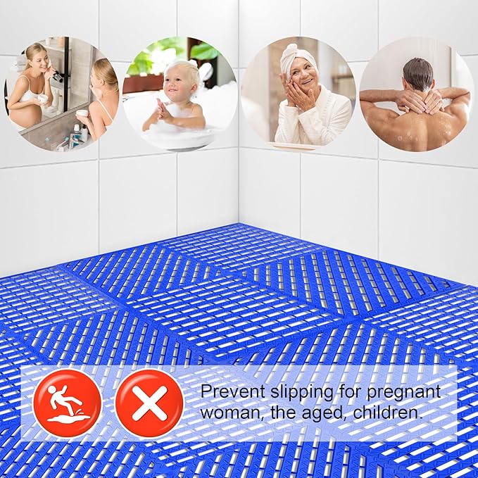 MYFAMIREA Modular Interlocking Cushion 12 Pack 11.8" x 11.8" Rubber Floor Tiles Non-Slip Splicing Drainage Mats for Deck, Pool, Shower, Patio, Balcony, Bathroom, Kitchen, Yard (Diagonal, Dark Blue) - Image 6