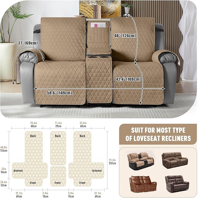 TAOCOCO 100% Waterproof Loveseat Recliner Couch Sofa Covers with Console,Double Reclining Couch Cover Non-Slip Sofa Slipcovers Washable,Furniture Protector Covers for Kids,Pets(2 Seater,Camel) - Image 3
