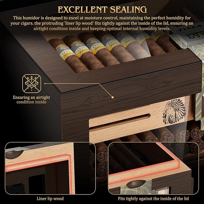 TISFA Cigar Humidor Cedar Wood Cigar Box with 2 Digital Hygrometer, 2 Humidifiers, Cedar Tray, Divider, Accessory Drawer, Glass Top Large Desktop Humidors and Acrylic Travel Cigar Tube Gifts Set - Image 6