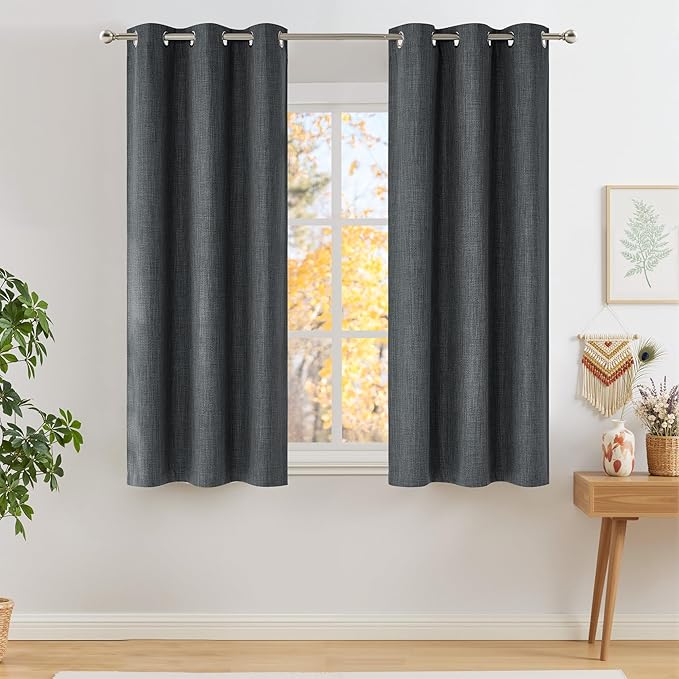 NICETOWN Short Faux Linen Charcoal Gray Blackout Curtains 63 inches Long for Kitchen - Privacy Panels for Living Room Bedroom, Modern Farmhouse Style Easy Care Grommet Top, 2 Panels, W42 by L63 by NICETOWN
