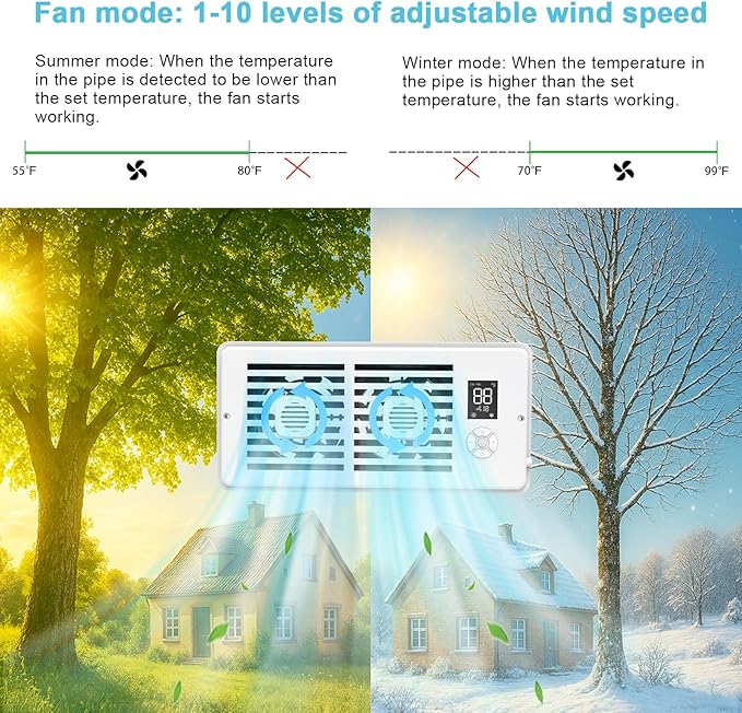 Register Booster Fan for 4" x 12" Vents Only,10 Speeds to Control Cool & Warm Airflow, Air Conditioning Vents with LED Screen Remote & Thermostat Control, for Room Walls & Floors (White) - Image 3