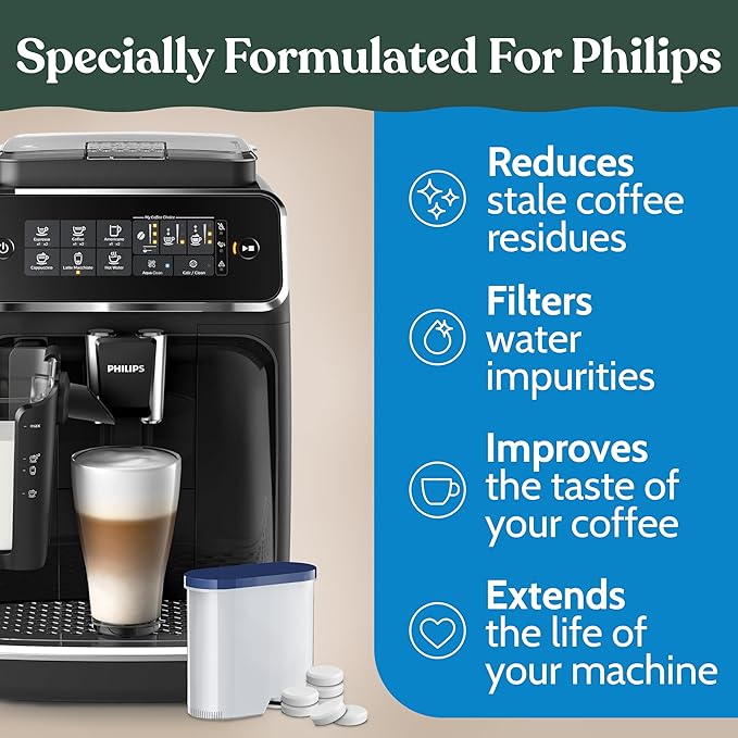 Roobi Cleaning Tablets & Filters Compatible with Philips Saeco. Includes 16 Espresso Cleaning Tablets & 4 Water Filters. Carbon Neutral Philips Cleaner Kit. 1 Year Supply. - Image 4