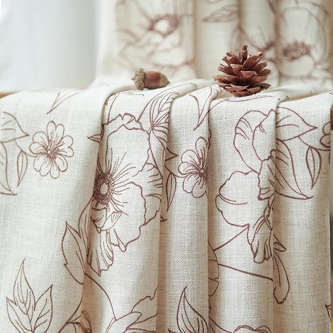 jinchan Floral Linen Curtains for Living Room 96 Inch Length Brown Flower Curtain Rod Pocket Back Tab Farmhouse Curtains with Printed Floral Bedroom Window Curtain Set, 2 Panels Brown - Image 5