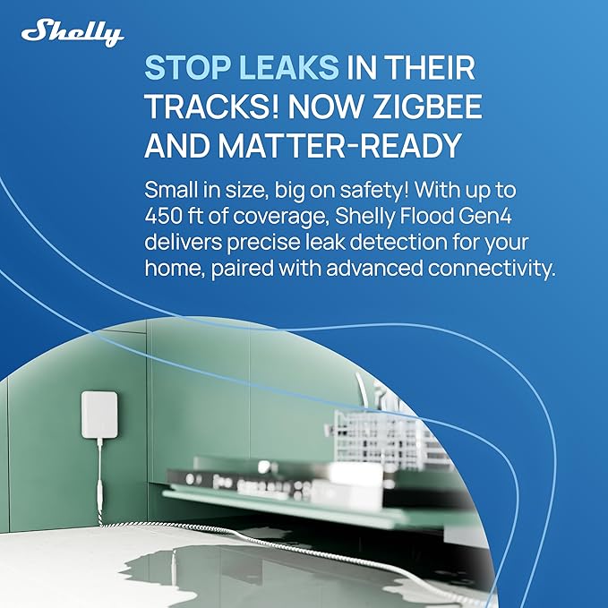 Shelly Flood Gen4, WiFi, Bluetooth, Zigbee, Matter Smart Flood Sensor with Leak Sensor Cable, Alexa, SmartThings, Google Home, Apple HomeKit Compatible, Flood and Rain Detection, Easy to Use, IP44 - Image 2