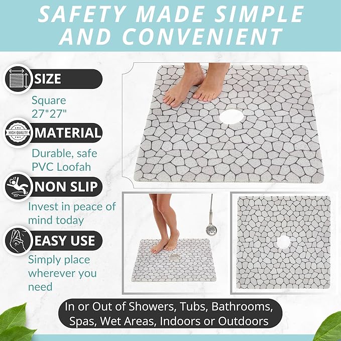 Enkosi Loofah Shower Mat with Drain Hole – Cushioned Anti-Slip Square Bath Mat for Showers, and Bathroom Floors – Textured PVC, Non Slip Safety Pad for Walk-in Stalls and Wet Areas (27x27 Pebble) - Image 3