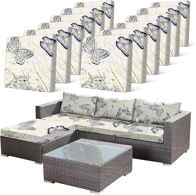 12pcs Outdoor Printed Sofa Seat Cushion Covers Strechable, Waterproof Elastic Half-Covered Sofa Covers Washable Reusable Patio Furniture Protector（Butterlfy, Cover Only） by CALBODE