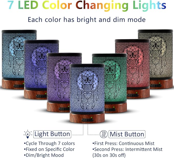 EQUSUPRO Essential Oil Diffuser 150ml Metal Aromatherapy Oil Diffuser Ultrasonic Cool Mist Diffuser with Auto Shut-Off Protection,7 Colors Changed LED for Home Office SPA Yoga (Owl) - Image 3