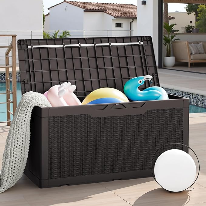 JUMMICO 100 Gallon Resin Deck Box, Waterproof Outdoor Storage Box with Lockable Lid for Garden Tools, Patio Cushions (Brown) - Image 4