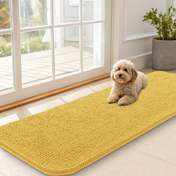 OLANLY Dog Door Mat for Muddy Paws 59x20, Absorbs Moisture and Dirt, Absorbent Non-Slip Washable Doormat, Quick Dry Chenille Mud Mat for Dogs, Entry Indoor Entryway Carpet for Inside Floor, Yellow by OLANLY