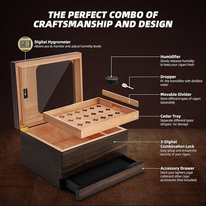 Cigar Humidor, Modern Glass Top Cedar Humidor Cigar Box with Accessory Drawer, Digital Hygrometer,Handcrafted Cedar Wood Tray and Divider, Cigar Case for 30-55 Cigars, Cigar Accessories for Men - Image 7