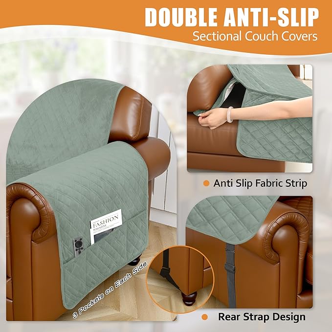 Arfntevss Waterproof Sectional Couch Covers L Shape Washable Velvet Sofa Cover for Sectional Non Slip Large Corner Slipcovers Dog 6 Pcs Universal U Shaped Furniture Protector (Sage Green, Large) - Image 4