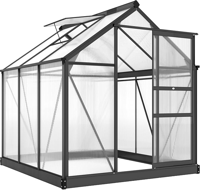 Outsunny 6' x 6' Greenhouse for Outdoors, Polycarbonate Greenhouse with Rain Gutter and Roof Vent, Aluminum Walk-in Green Houses for Outside for Patio Backyard Garden, Gray by Outsunny