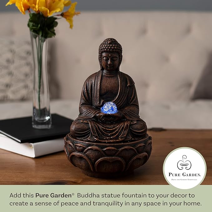 Pure Garden Indoor Tabletop Water Fountain - Sitting Buddha Statue with Rolling Glass Ball, Multi-Colored LED Lights, Electric Pump & Soothing Sounds, Durable, Natural Humidifier - Home, Office Decor - Image 5
