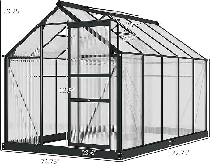 Outsunny 6' x 10' Greenhouse for Outdoors, Polycarbonate Greenhouse with Rain Gutter and Roof Vent, Aluminum Walk-in Green Houses for Outside for Patio Backyard Garden, Gray - Image 7