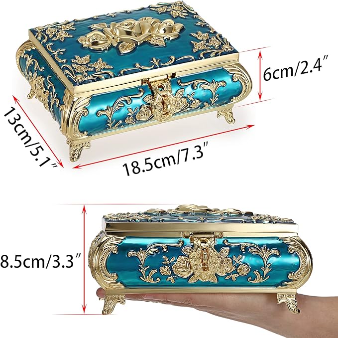 Hipiwe Metal Decorative Jewelry Box Vintage Treasure Chest Case Ornate Trinket Organizer Earrings Necklace Bracelet Storage Box Ring Holder Keepsake Box for Women - Image 5