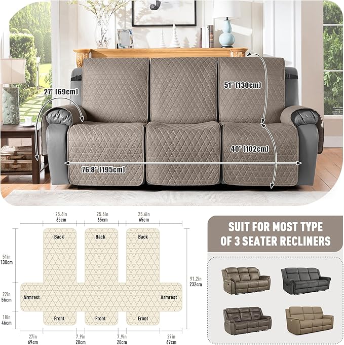 TAOCOCO 100% Waterproof Recliner Cover, Non-Slip Washable Reclining Couch Cover with Elastic Leg Straps, Furniture Protector for Dogs (Taupe, 3 Seater) - Image 3