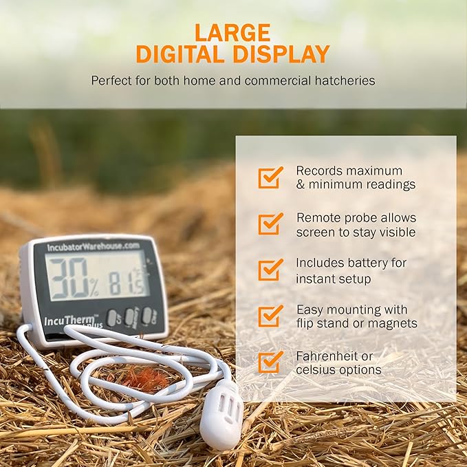Incubator Warehouse IncuTherm™ Plus Digital Thermometer and Hygrometer for Egg Incubator - Large Digital Display with Min/Max Memory - Remote Probe - Reads Celsius and Fahrenheit +/-1° 1109 IWTH01 - Image 5