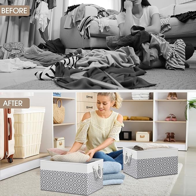 Storage Bins, 3-Pack Large Storage Box with Rope Handles, Collapsible Storage Basket for Organizing Books, Clothes, Rhombic Grey - Image 5