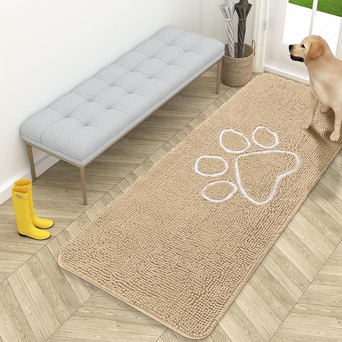 OLANLY Dog Door Mat for Muddy Paws 59x24, Paw Print Design, Absorbs Moisture and Dirt, Absorbent Non-Slip Washable Doormat, Quick Dry Chenille Mud Mat for Dogs, Entry Indoor Entryway Carpet, Beige by OLANLY