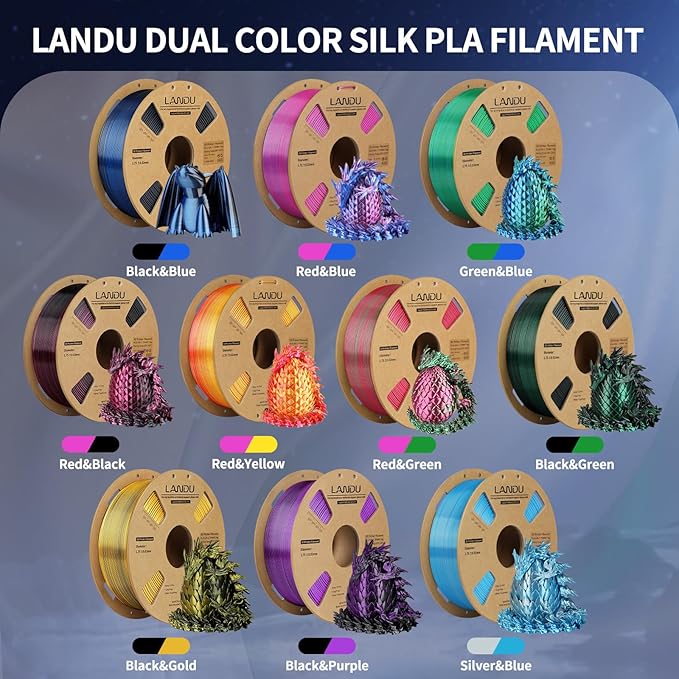 LANDU Silk Dual Color PLA Filament 1.75mm 1KG, 3D Printer Filament Dimensional Accuracy +/- 0.02mm, Coextrusion Filament PLA Shiny Filament Fits for Most FFF 3D Printers,1KG Spool,Blue Silver - Image 2